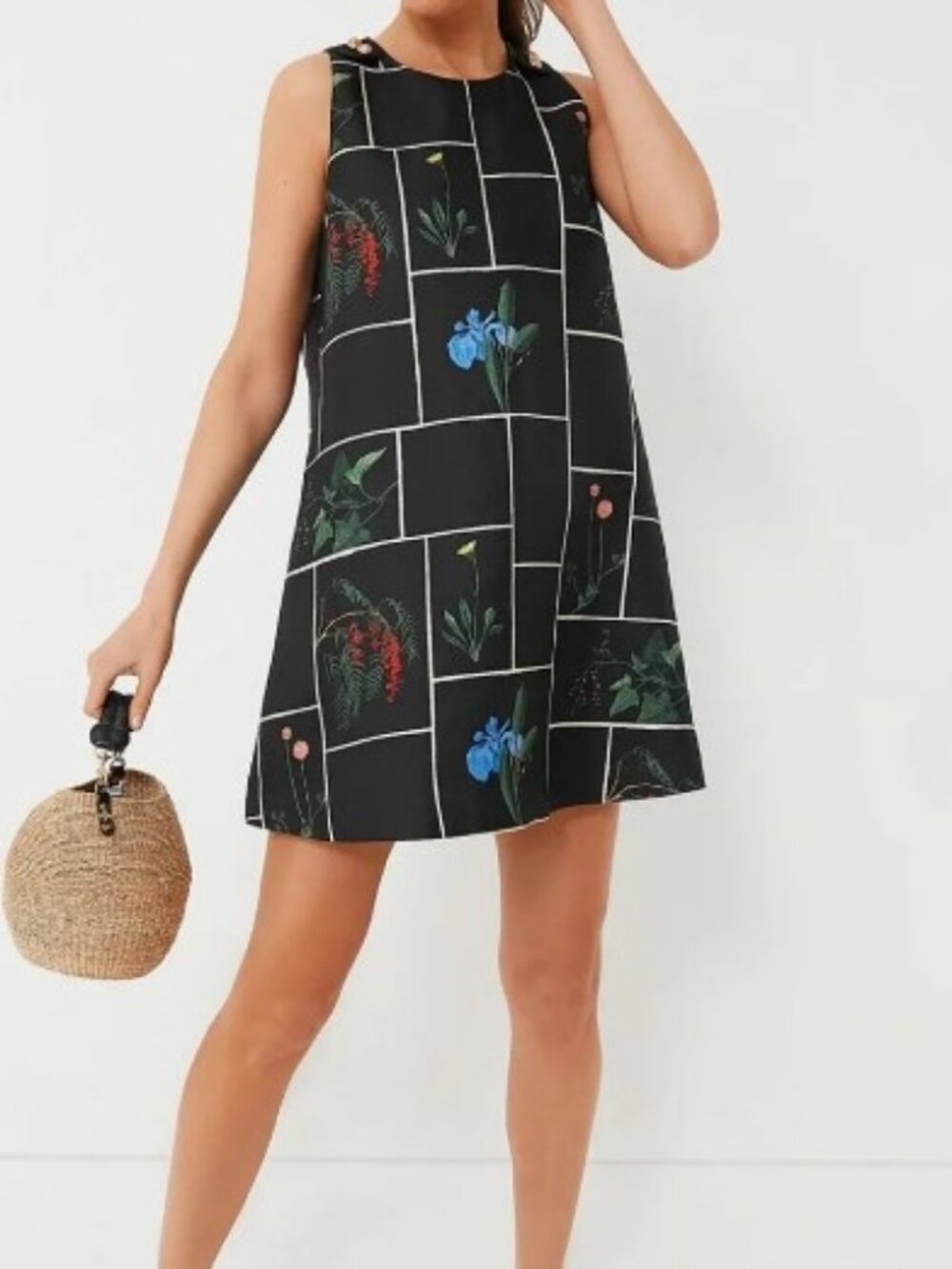 Tuckernuck Black Grid Floral A-Line Mini Dress